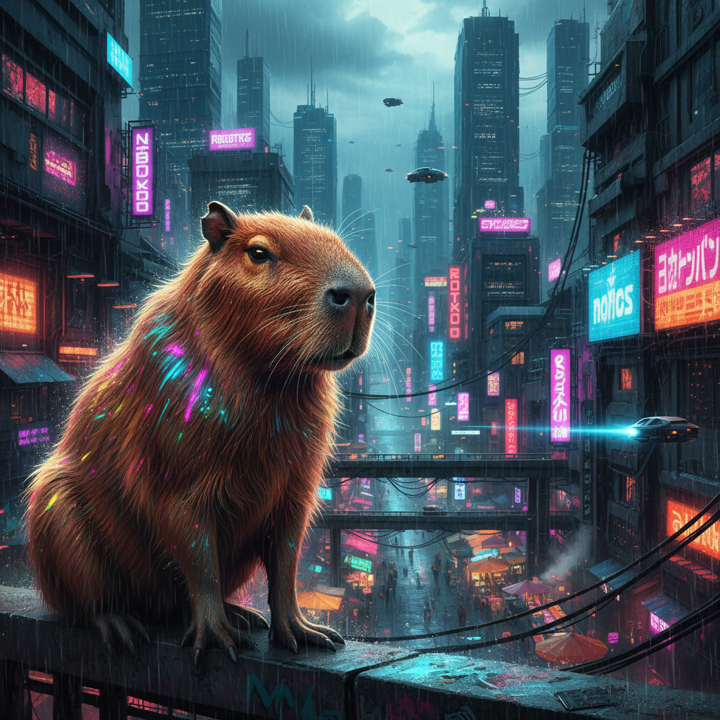 네온 도시 속 사이버펑크 스타일 카피바라 일러스트.