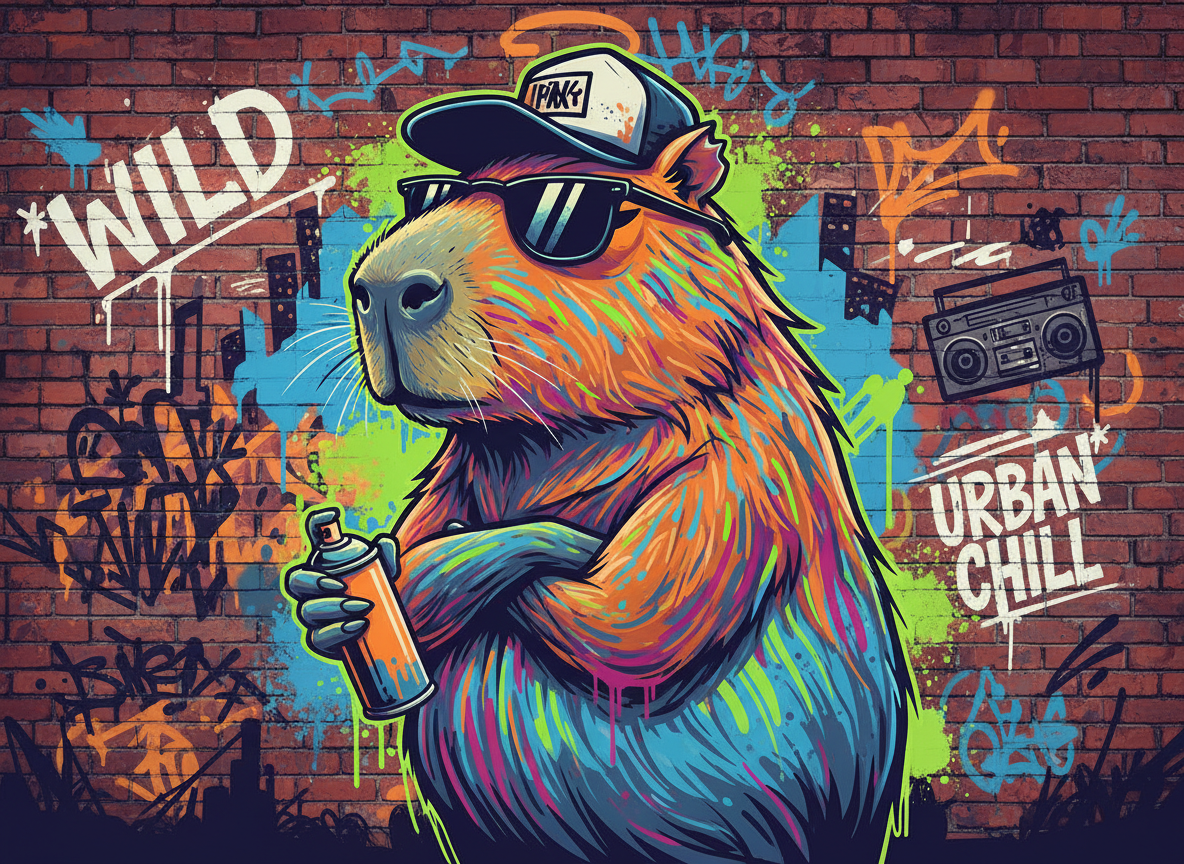 다이내믹한 도시 그래피티 스타일 카피바라 일러스트.