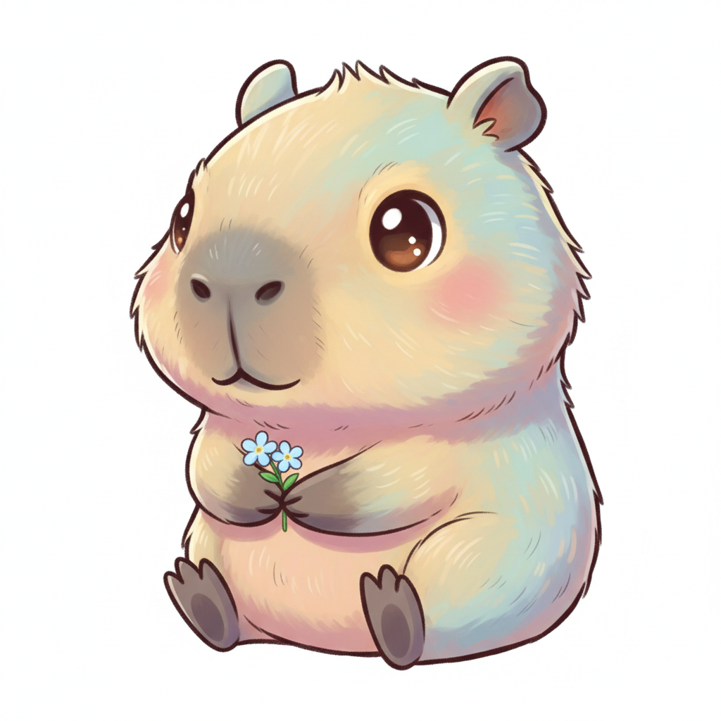 작은 꽃을 들고 있는 귀여운 치비 카피바라 일러스트.