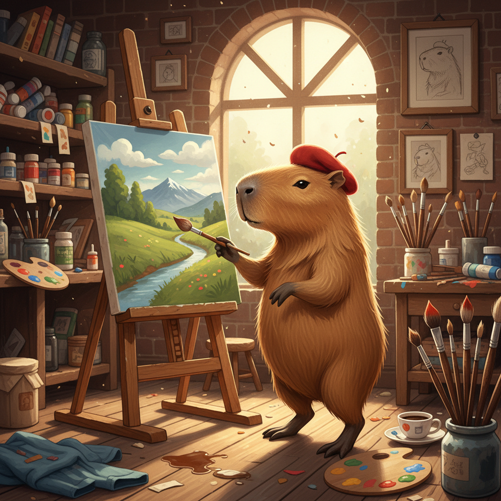 베레모를 쓰고 붓을 든 카피바라 예술가가 이젤 앞에서 풍경화를 그리는 창의적인 일러스트.