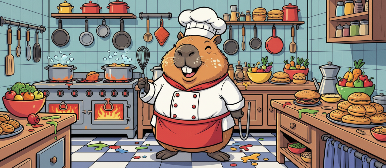 주방장 복장을 한 카피바라가 작은 거품기를 들고 있는 유머러스한 만화 일러스트레이션, 밝은 주방 배경.