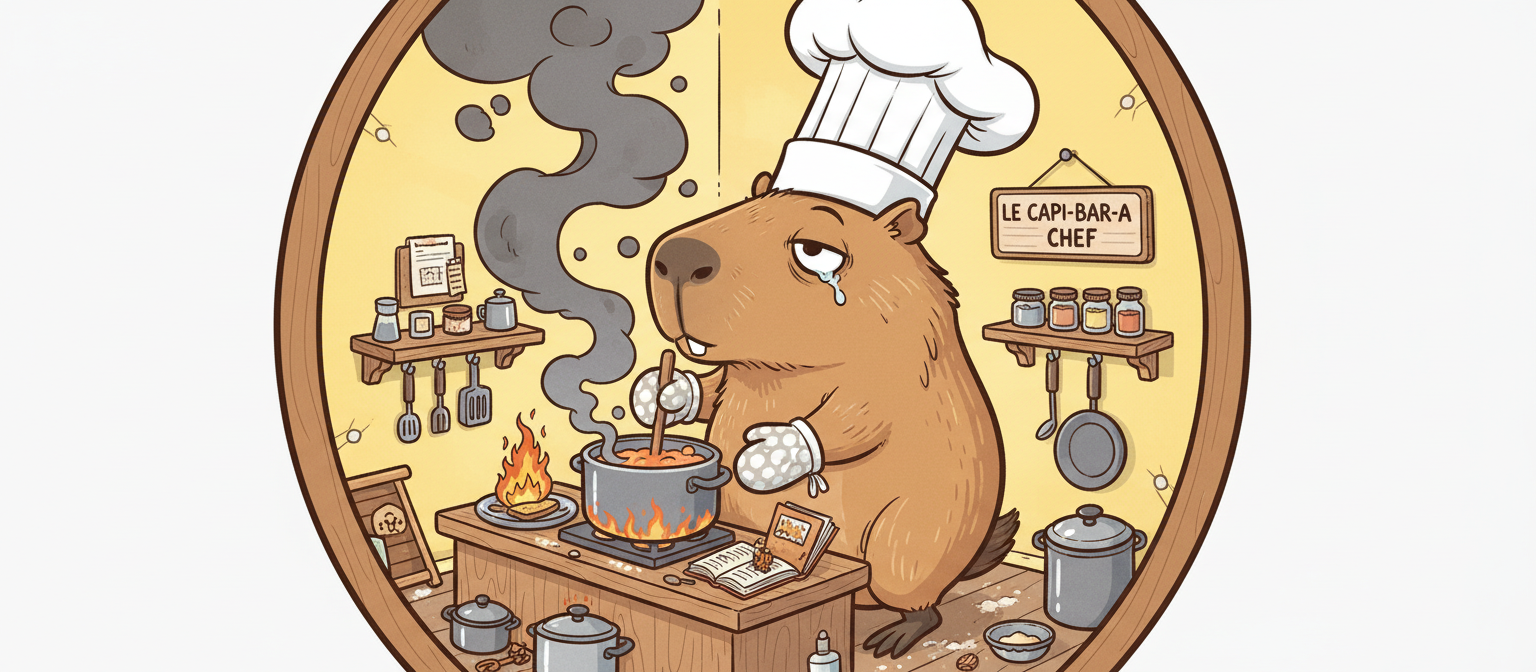 요리사 모자를 쓰고 요리하는 유머러스한 카피바라 카툰 일러스트.