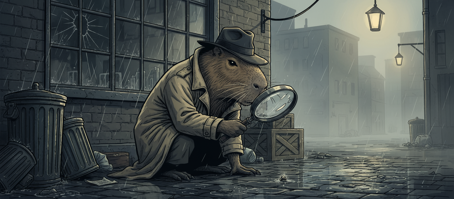 비 오는 골목에서 돋보기를 들고 단서를 찾는 카피바라 탐정의 영리한 일러스트.