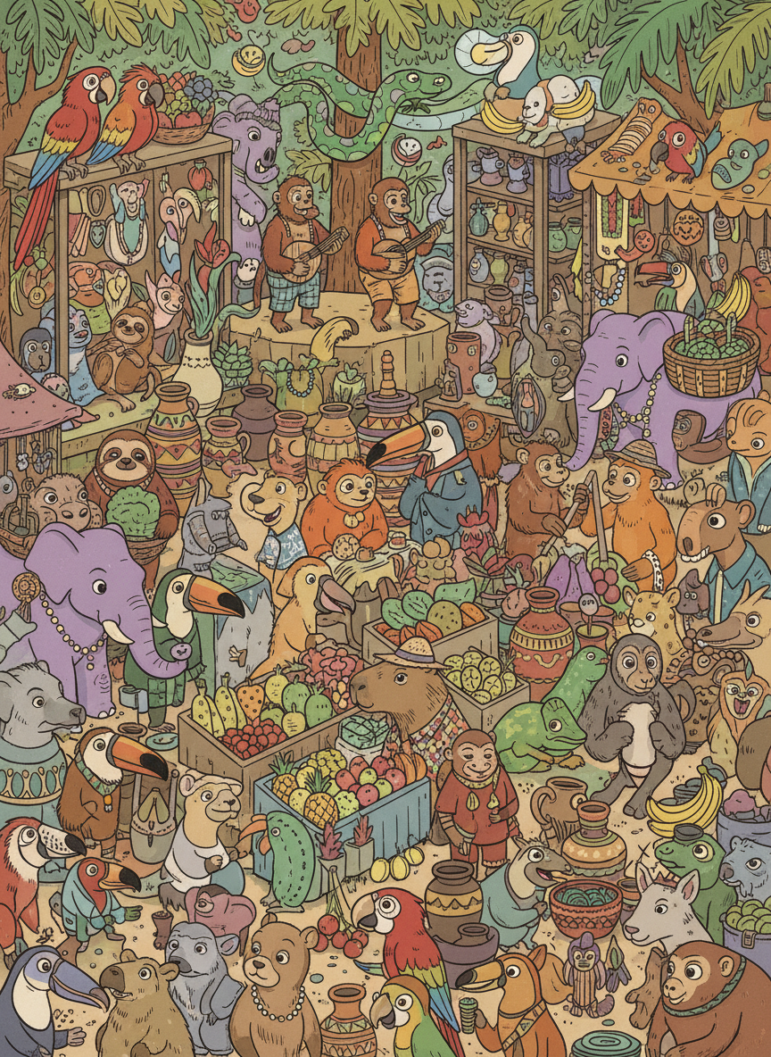 활기찬 시장에서 다른 정글 동물들 사이에 숨어있는 작은 카피바라의 '월리를 찾아라' 스타일 일러스트.