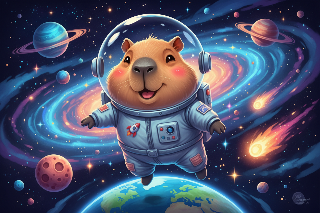 별과 행성들 사이를 떠다니는 명랑한 카피바라 우주비행사의 만화 일러스트.