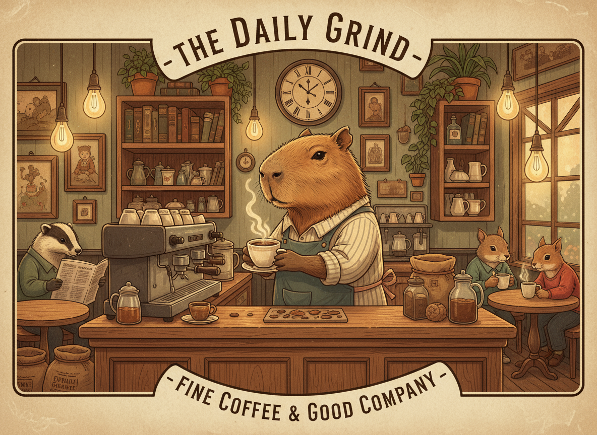 아늑한 카페에서 커피를 서빙하는 바리스타 카피바라의 빈티지 포스터 아트 스타일 일러스트, 따뜻한 조명으로 향수를 불러일으킨다.