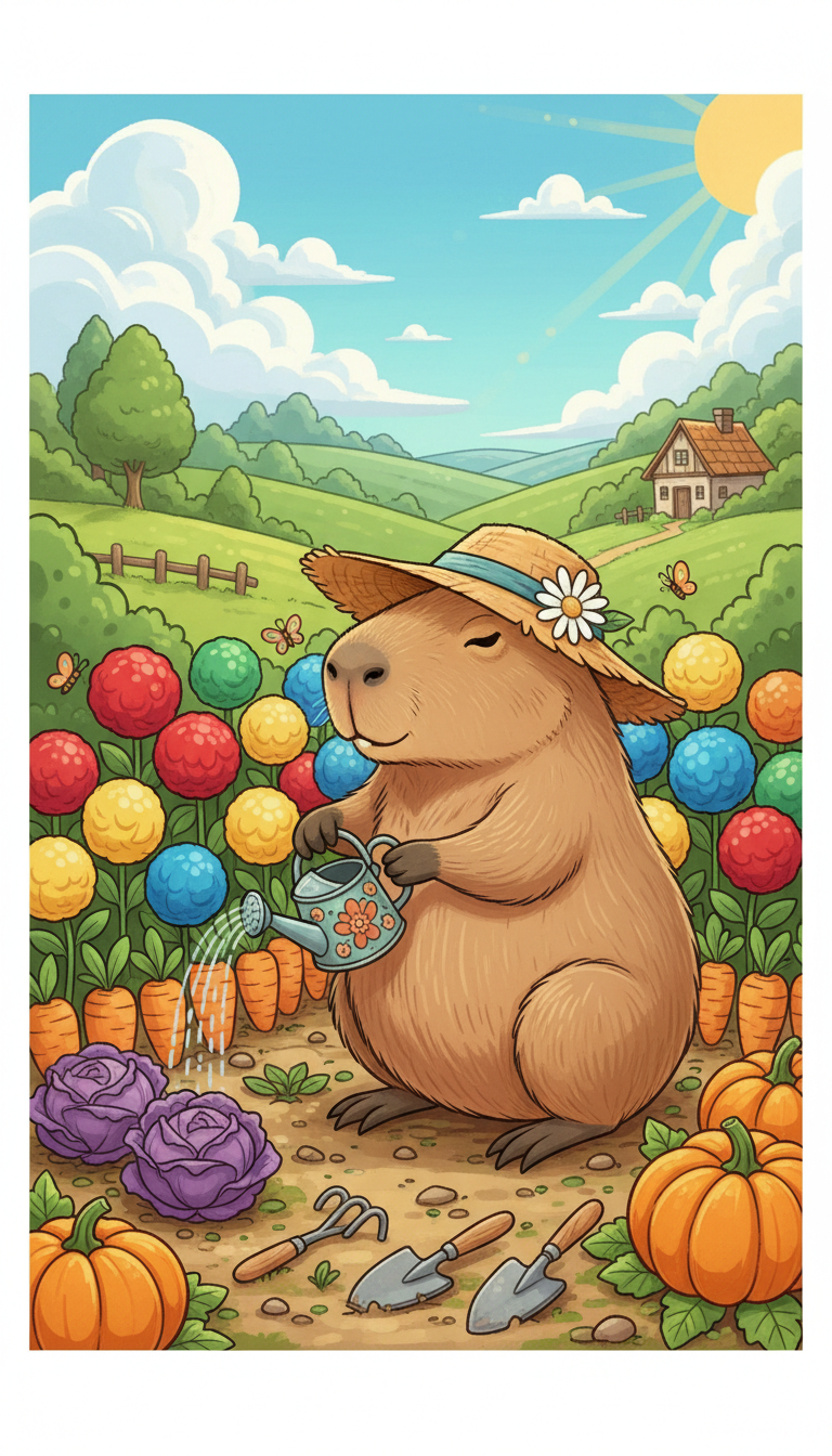 밀짚모자를 쓰고 화려한 꽃과 채소를 가꾸는 유쾌한 카피바라 정원사의 일러스트.