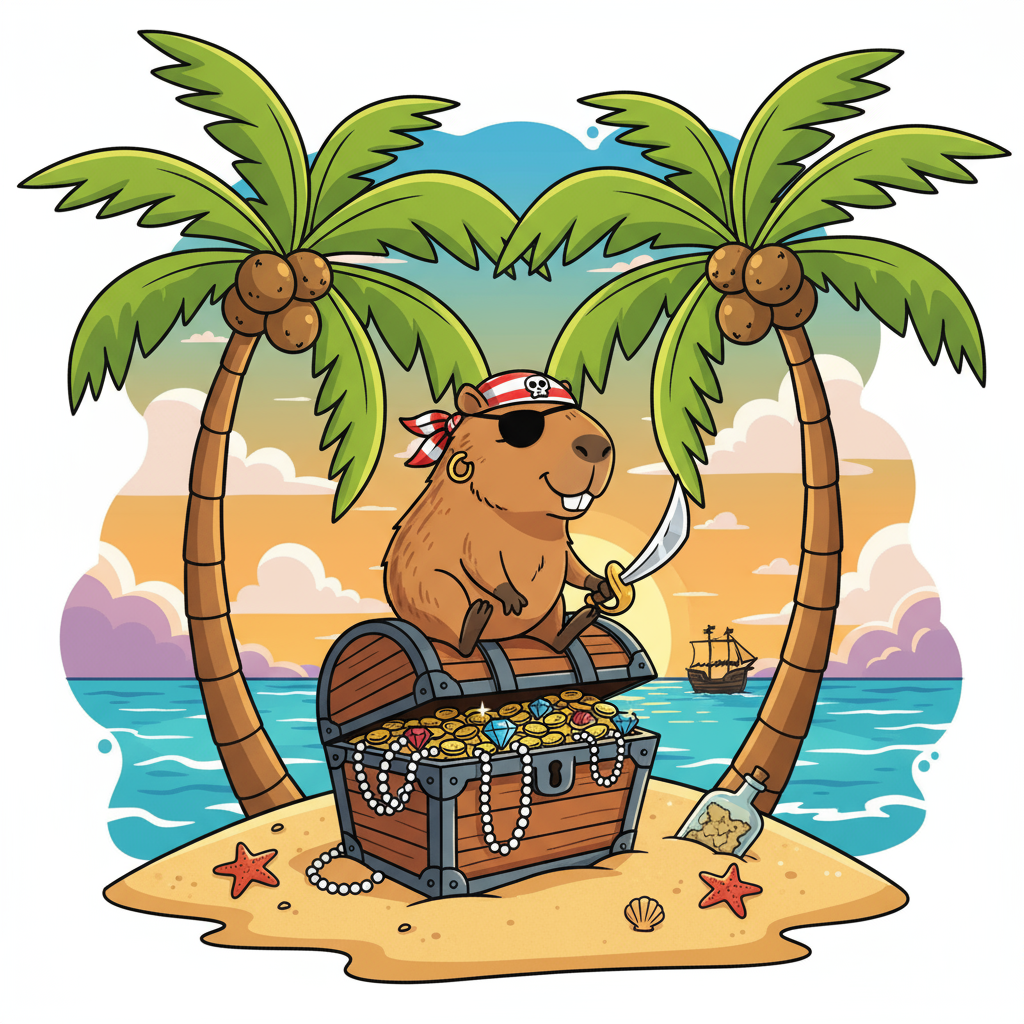 무인도에서 보물 상자에 앉아있는 안대와 반다나를 착용한 카피바라 해적의 장난기 가득한 일러스트.