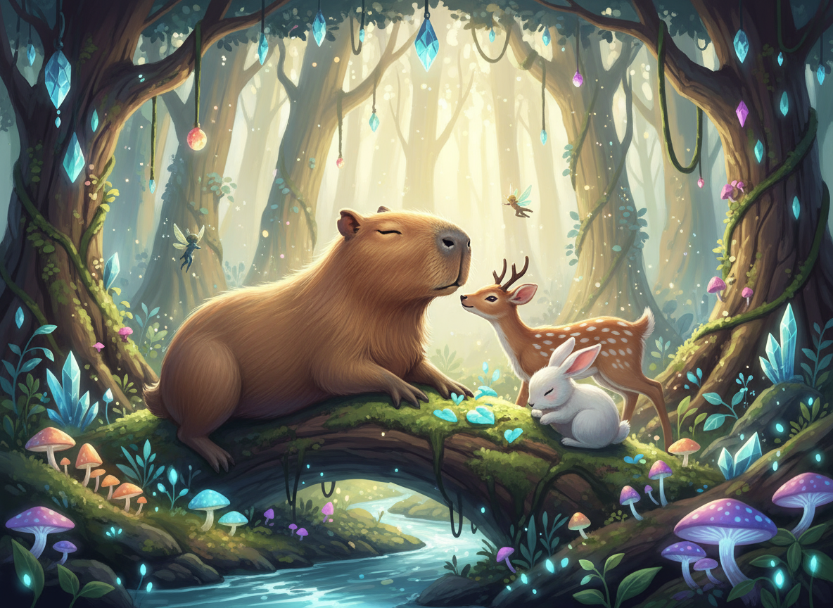 햇살이 쏟아지는 마법 같은 숲에서 다른 숲속 동물들과 평화롭게 지내는 카피바라의 디지털 일러스트.