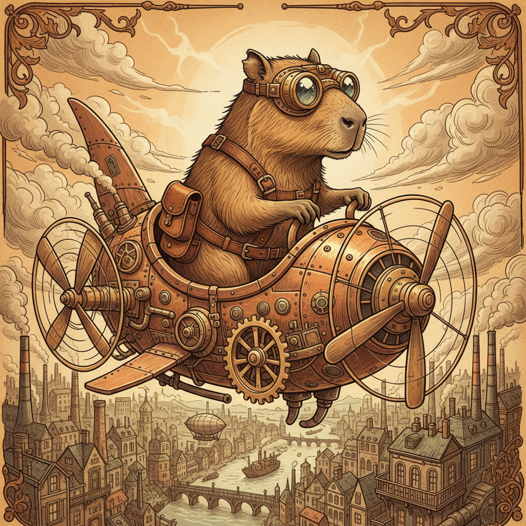 고글과 가죽 하네스를 착용하고 기발한 비행 기계를 조종하는 스팀펑크 스타일 카피바라 일러스트.