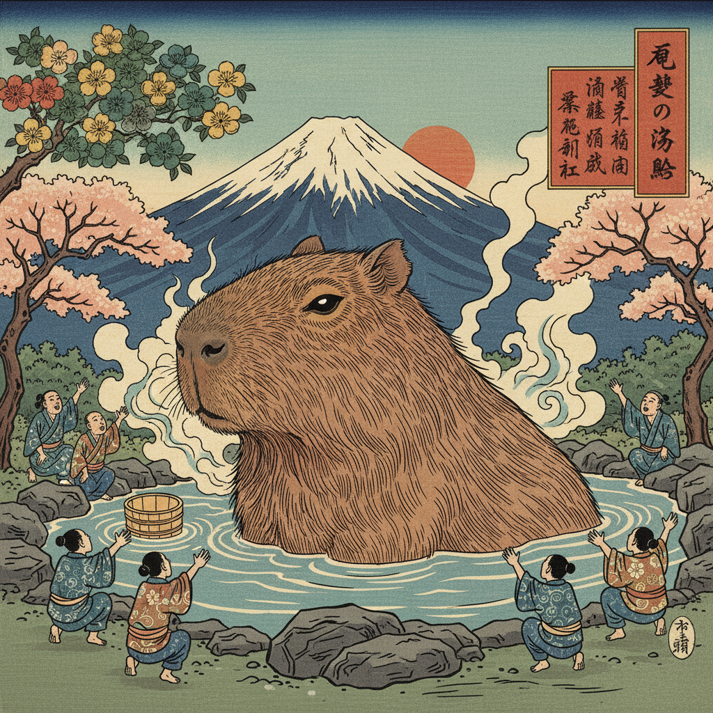 후지산을 배경으로 온천에서 목욕하는 거대한 카피바라의 일본 우키요에 스타일 일러스트.