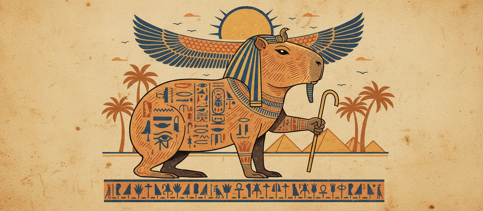 상형문자 요소와 파라오 머리 장식, 파피루스 질감이 특징인 고대 이집트 스타일의 카피바라 일러스트, 흙빛 색조로 위엄 있고 상징적이다.