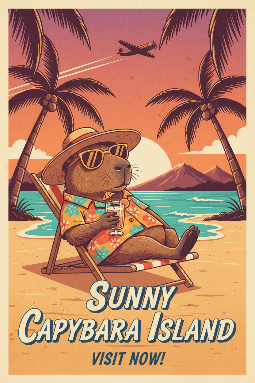 선글라스와 밀짚모자를 쓴 카피바라가 열대 파라다이스에 있는 빈티지 여행 포스터 스타일 일러스트.