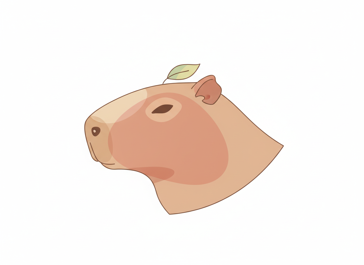 작은 잎을 머리에 얹은 카피바라의 미니멀리스트 벡터 일러스트, 심플한 파스텔 디자인.