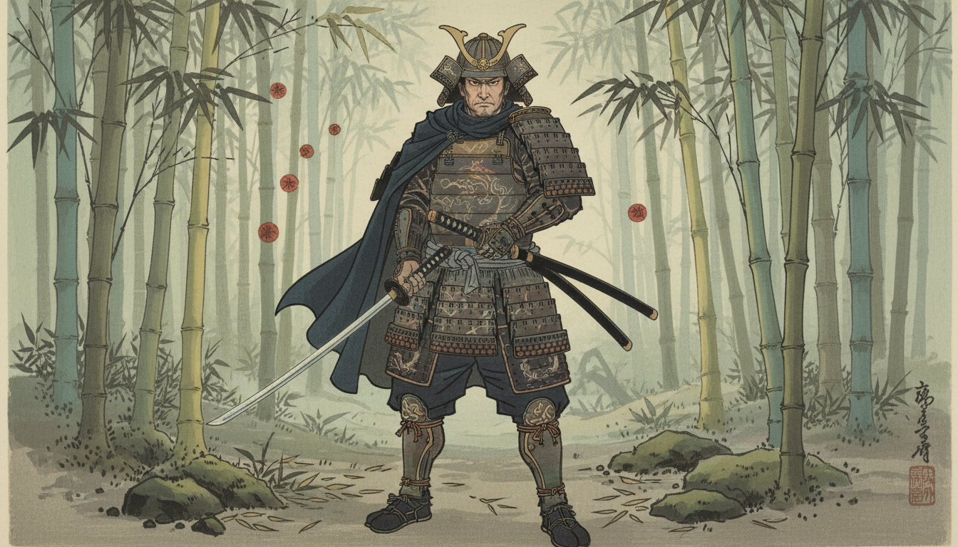 대나무 숲에서 칼을 들고 포즈를 취하고 있는 절제된 사무라이 캐릭터.