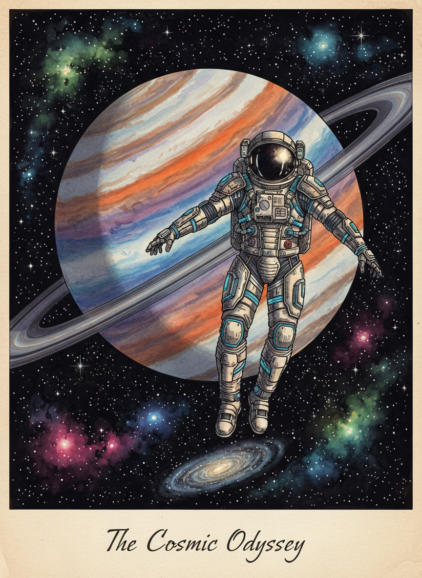 우주에 떠 있는 용감한 우주 비행사 캐릭터.