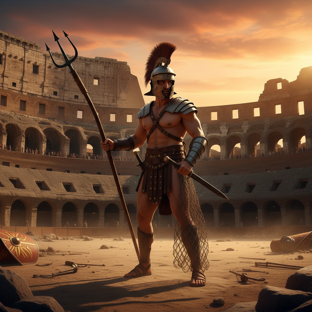 콜로세움에서 삼지창을 들고 있는 로마 검투사 캐릭터.