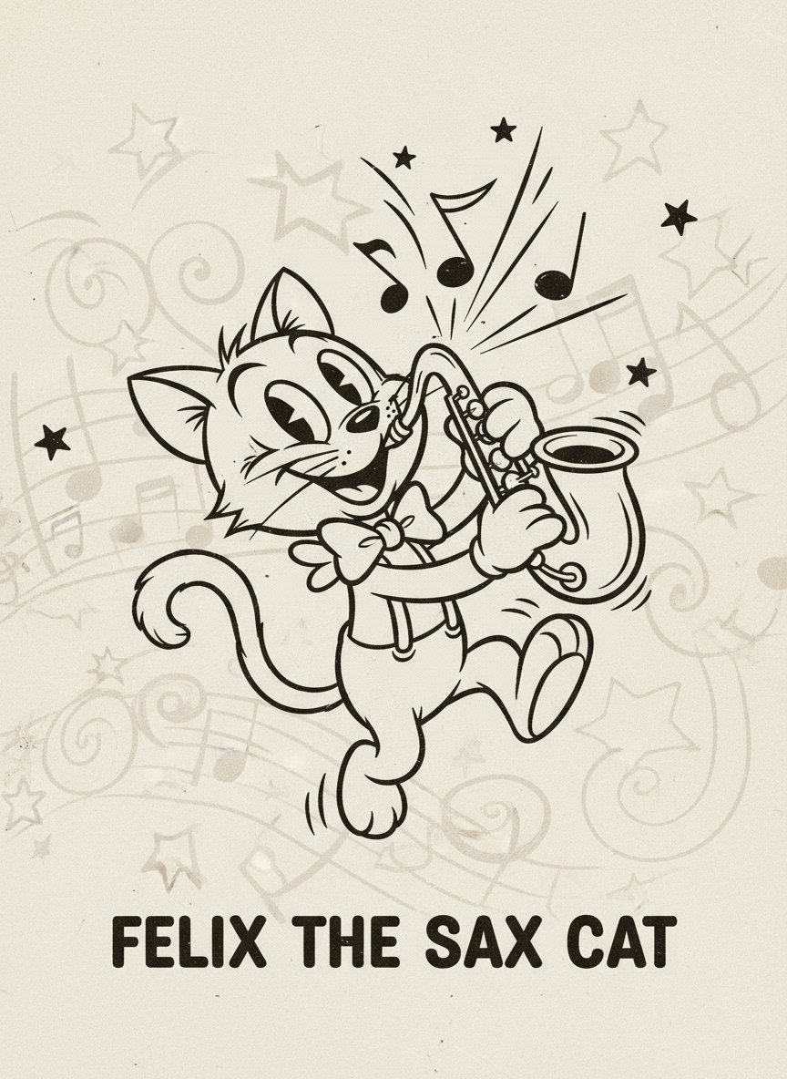 1930년대 애니메이션 스타일의 매력적인 빈티지 고양이 캐릭터가 색소폰을 연주하는 모습, 흑백, 거친 질감.