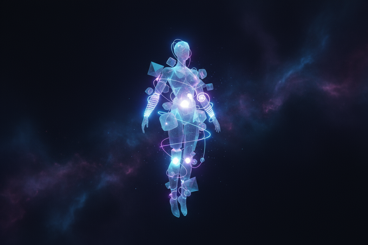 발광하는 기하학적 도형으로 이루어진 추상적인 캐릭터가 공허 속에 떠 있다.