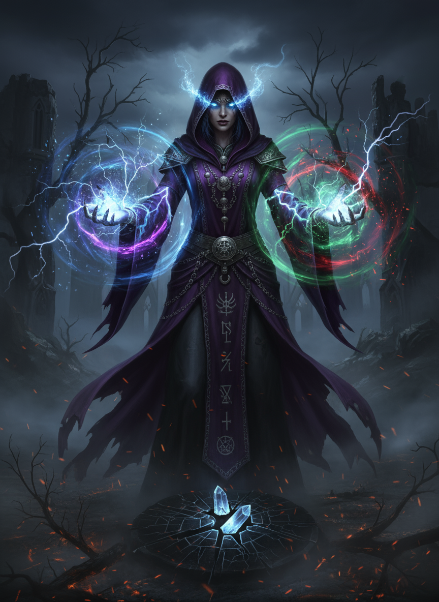 마법 에너지를 다루는 강력한 마법사 캐릭터.