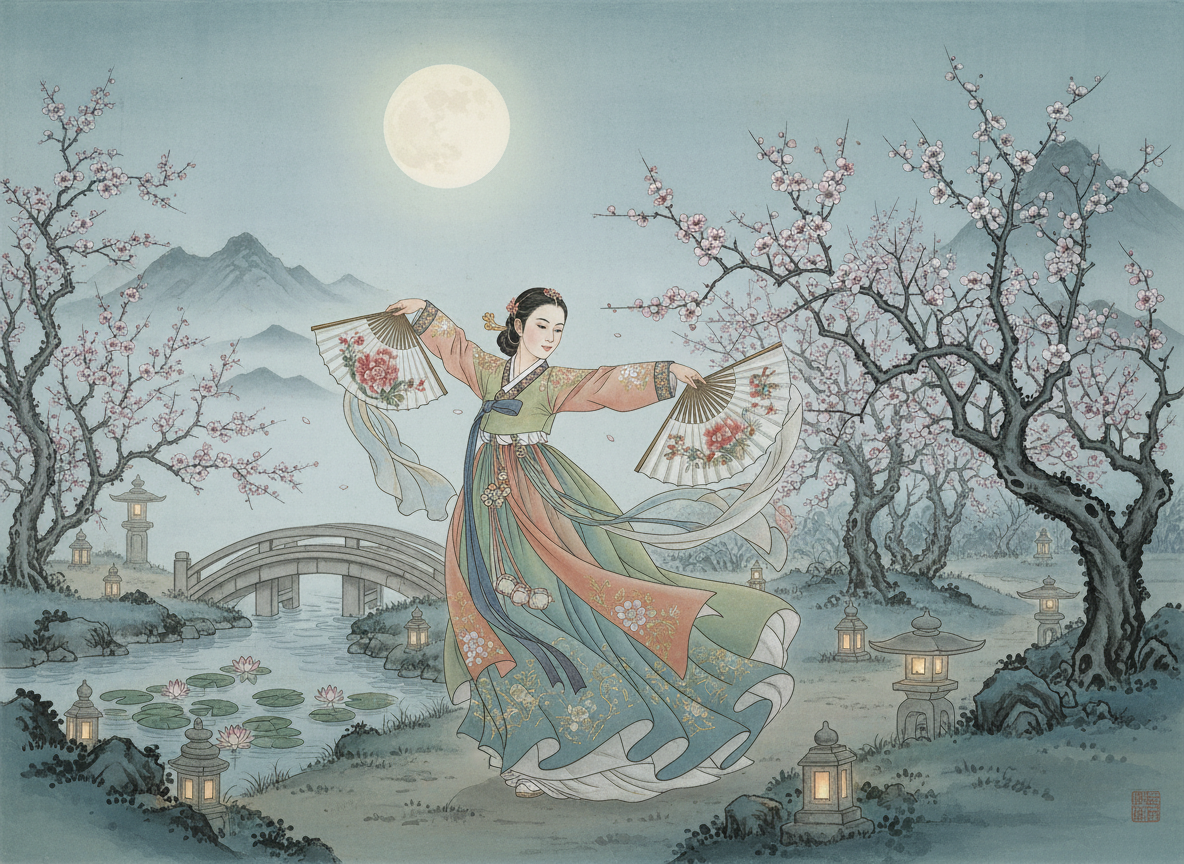 달빛 정원에서 부채춤을 추는 전통 한복 캐릭터.