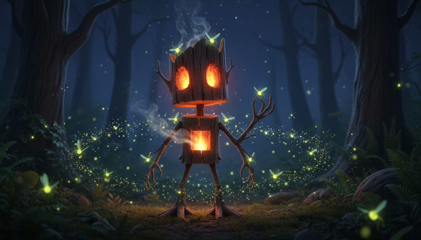 빛나는 눈을 가진 기발한 모닥불 캐릭터가 반딧불이에 둘러싸여 있다.