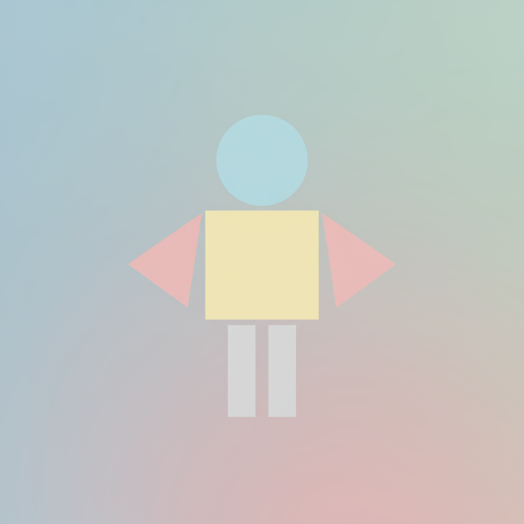 파스텔 배경에 단순한 도형으로 이루어진 미니멀한 기하학적 캐릭터.