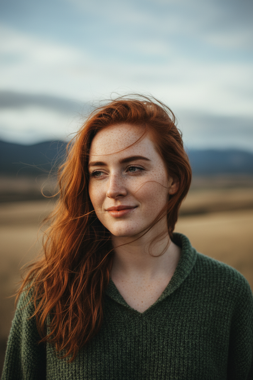 붉은 머리와 주근깨를 가진 젊은 여성 캐릭터의 사실적인 초상화.