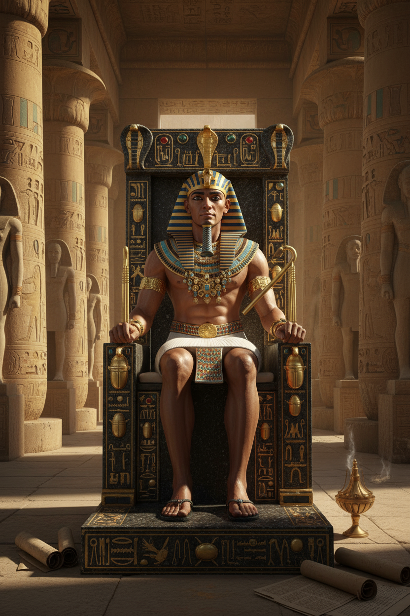 웅장한 왕좌에 앉아 있는 고대 이집트 파라오 캐릭터.