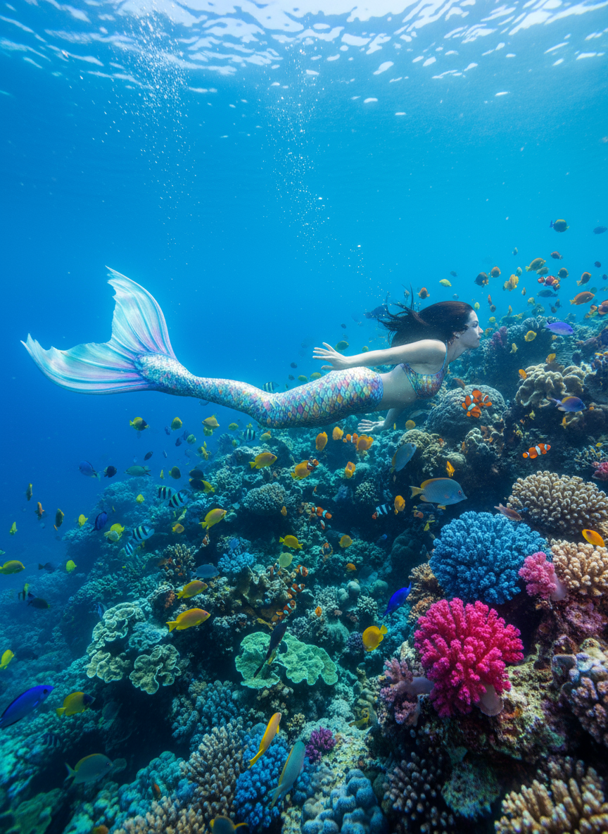 산호초 사이를 우아하게 헤엄치는 인어 캐릭터.