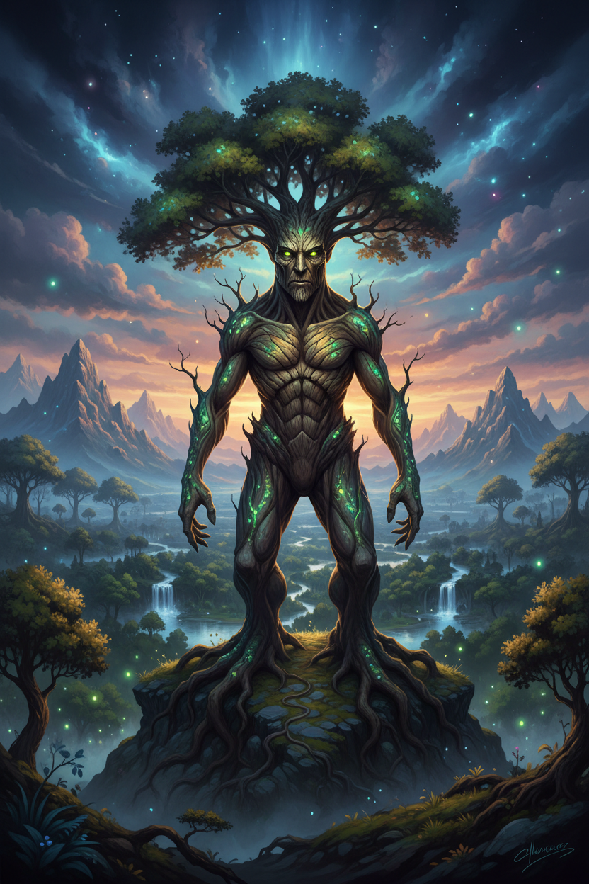 얼굴 모양의 나무 껍질을 가진 현명한 나무 캐릭터가 신비로운 숲을 내려다보고 있다.