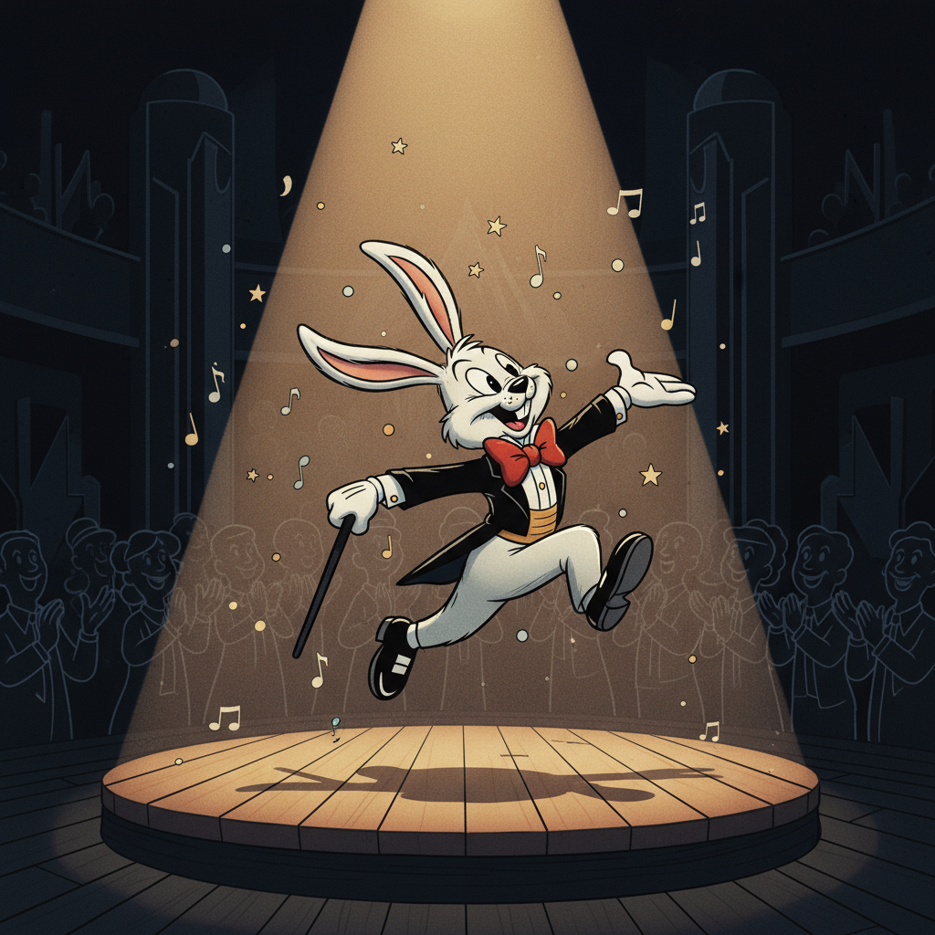 턱시도를 입은 고전적인 카툰 토끼 캐릭터가 스포트라이트를 받으며 무대 위에서 우아하게 춤추는 모습, 1940년대 레트로 애니메이션 스타일.