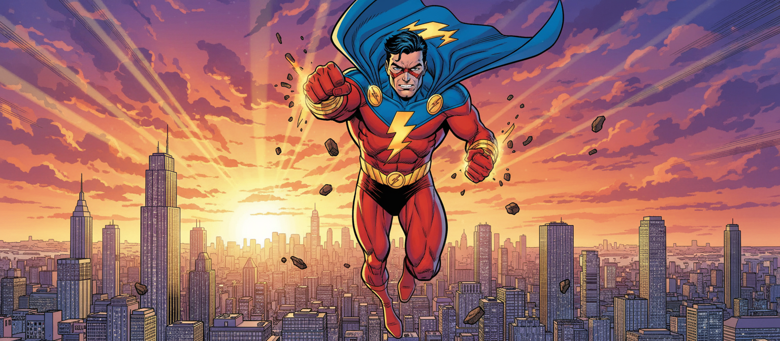 도시의 스카이라인을 배경으로 영웅적인 포즈를 취하고 있는 역동적인 슈퍼히어로 캐릭터.