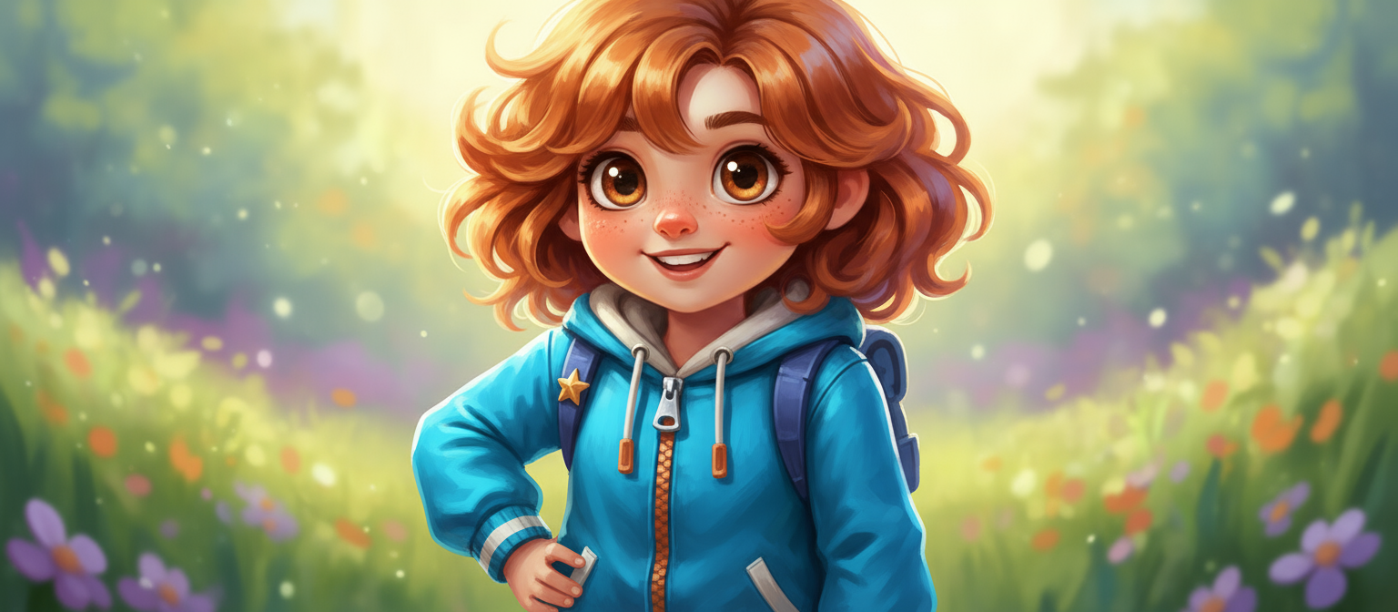 커다란 눈과 친근한 미소를 가진 파란색 재킷의 매력적인 캐릭터.