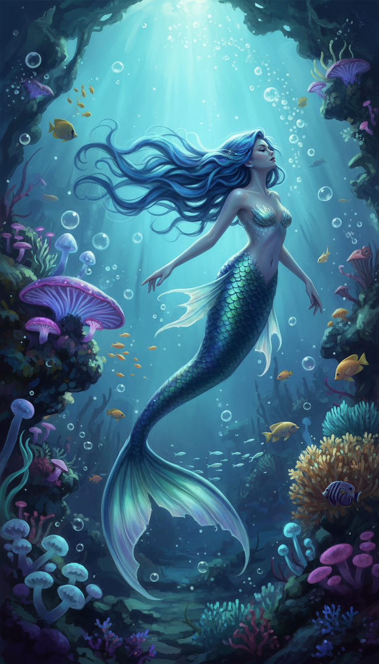 반짝이는 비늘과 파란 머리를 가진 우아한 인어 캐릭터가 산호초를 헤엄치고 있다.