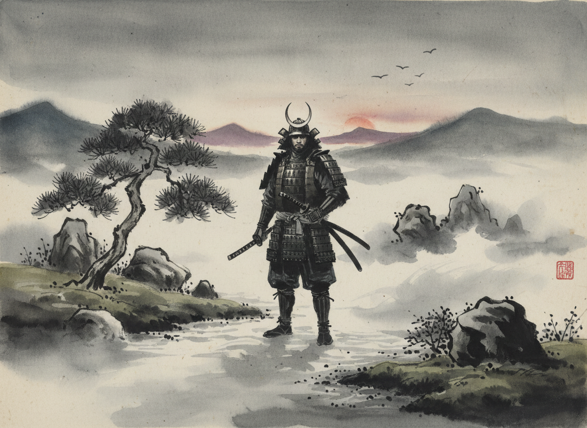 황혼녘 안개 낀 일본식 정원에서 카타나를 든 늠름한 사무라이 캐릭터, 수묵화 스타일.