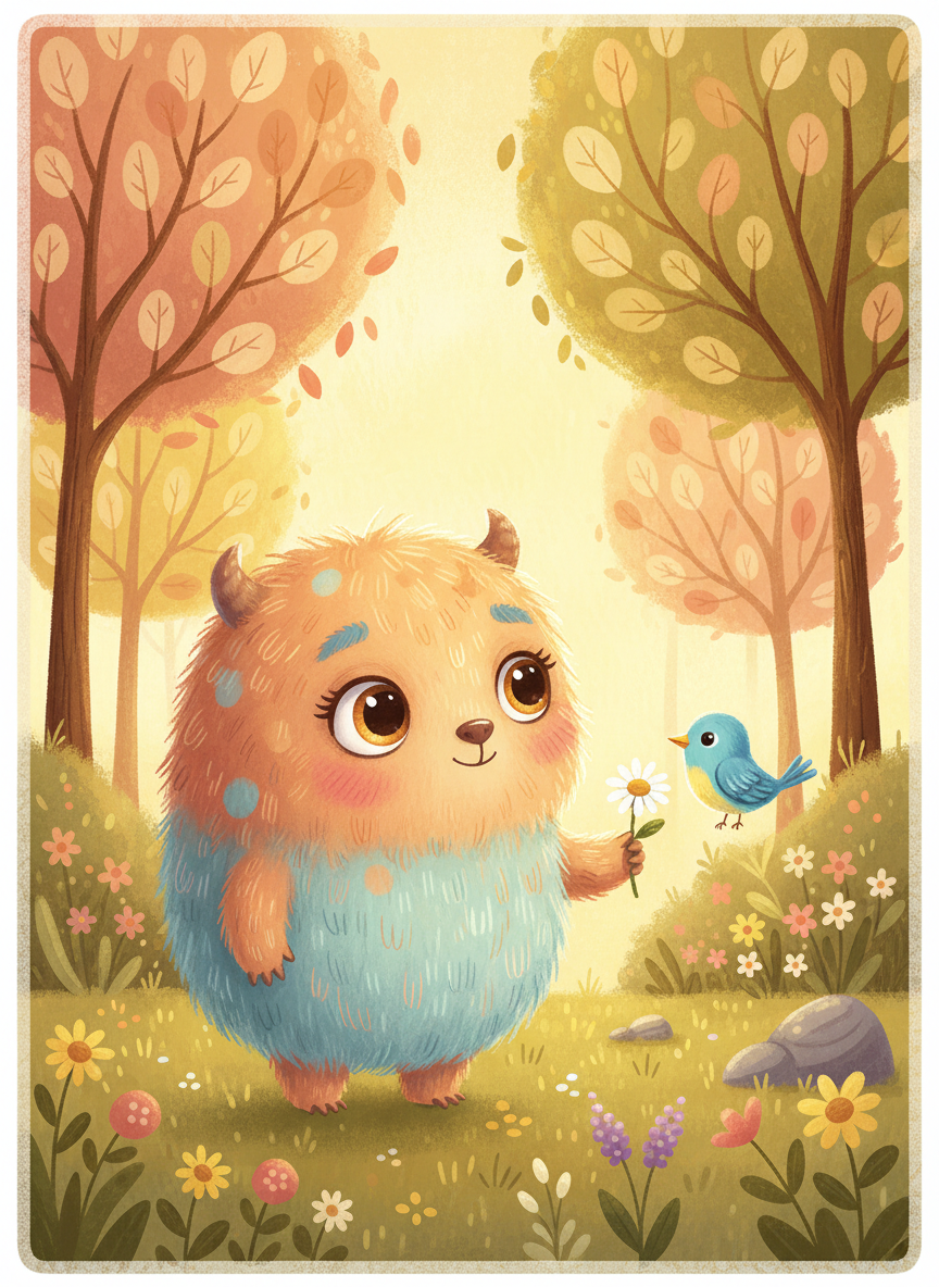 커다란 눈과 부드러운 털을 가진 솜털 같은 친근한 괴물 캐릭터가 작은 새에게 꽃을 건네는 모습, 동화책 일러스트 스타일, 따뜻한 색감.