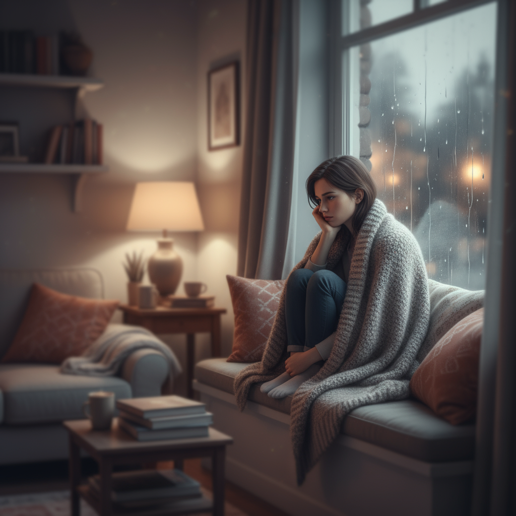 창가에 앉아 빗방울을 생각에 잠긴 캐릭터.