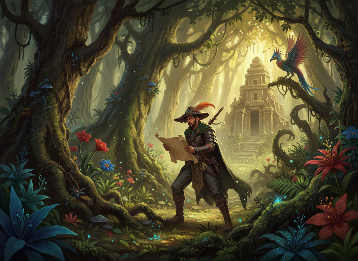 울창한 정글을 탐험하는 모험심 강한 캐릭터.