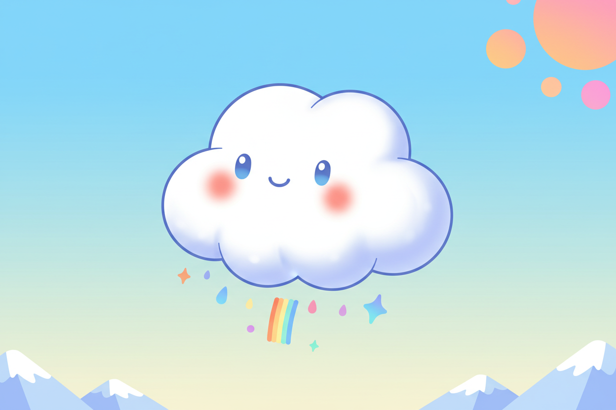 볼 빨간 친근한 구름 캐릭터가 맑은 하늘에 떠 있다.