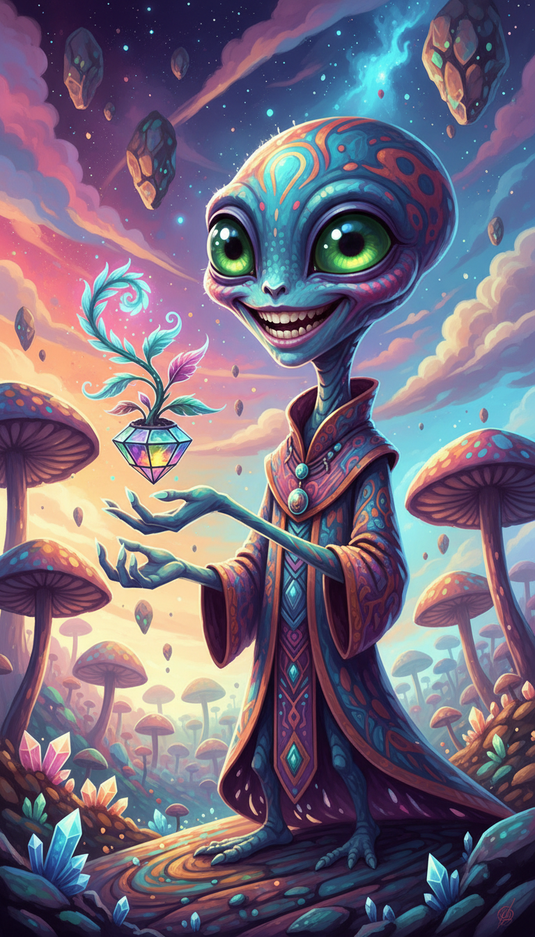 커다란 눈과 친근한 미소를 가진 기발한 외계인 캐릭터가 낯선 식물을 들고 있다.