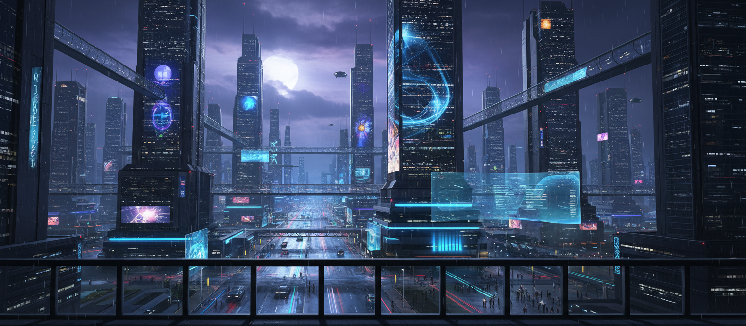 높은 마천루와 젖은 거리에 반사되는 생생한 네온 불빛이 있는 미래 도시의 밤하늘 전경, 첨단 기술의 컴퓨터 배경화면.