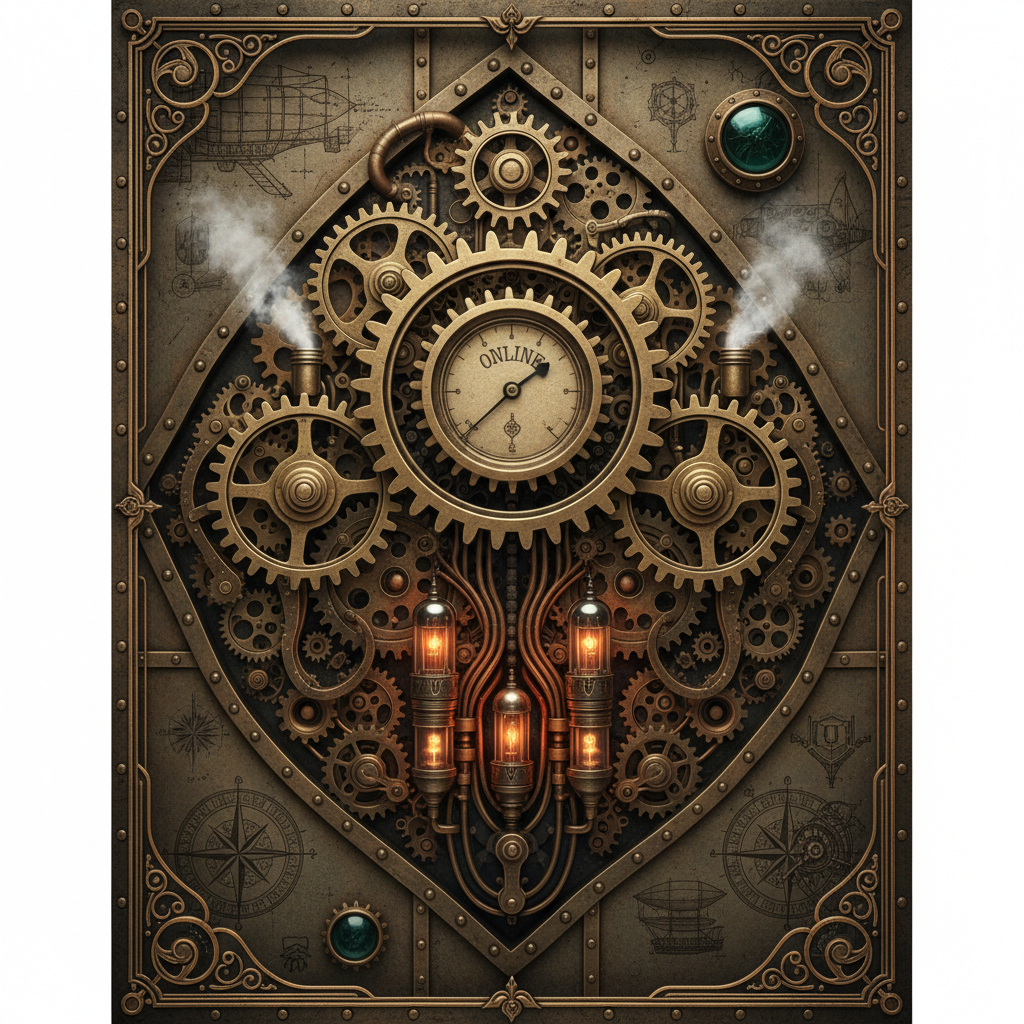 정교한 톱니바퀴와 시계 장치, 황동과 구리 톤, 빅토리아 시대의 산업적 우아함을 담은 스팀펑크 디자인 컴퓨터 배경화면.