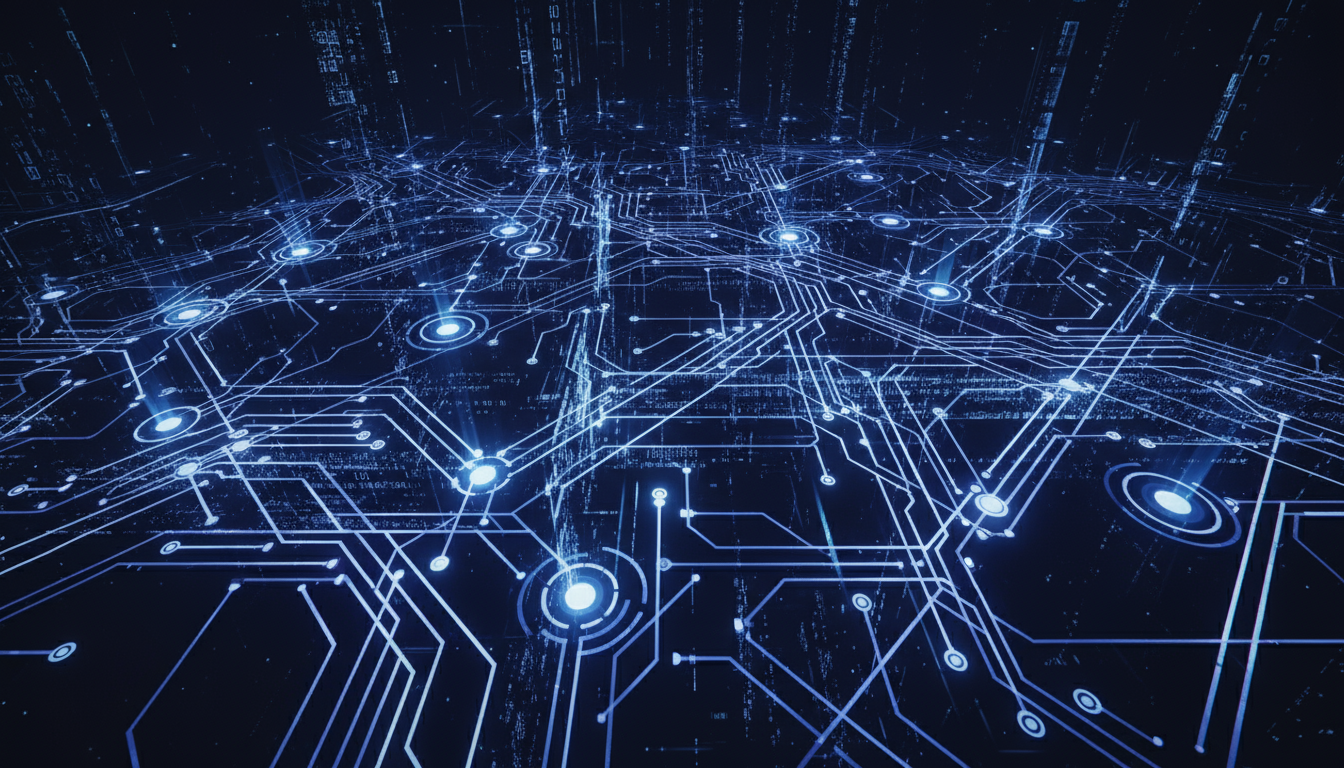 빛나는 선과 노드가 있는 공상과학 스타일 회로 기판 패턴, 어두운 배경에 추상적인 데이터 흐름 시각화, 미래 기술 컴퓨터 배경화면.