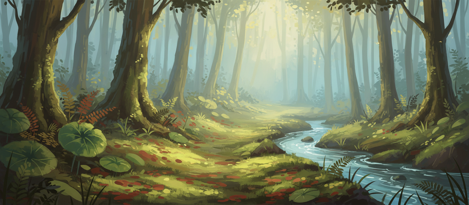 햇빛이 비치는 잎사귀와 부드러운 이끼가 있는 고요한 숲길의 디지털 일러스트레이션, 평화롭고 매력적인 예술적 컴퓨터 배경화면.