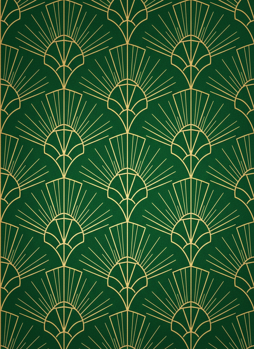 짙은 에메랄드 그린 배경에 금색 선으로 이루어진 아르데코 스타일 기하학적 패턴, 대칭적이고 우아하며 빈티지 럭셔리한 컴퓨터 배경화면.
