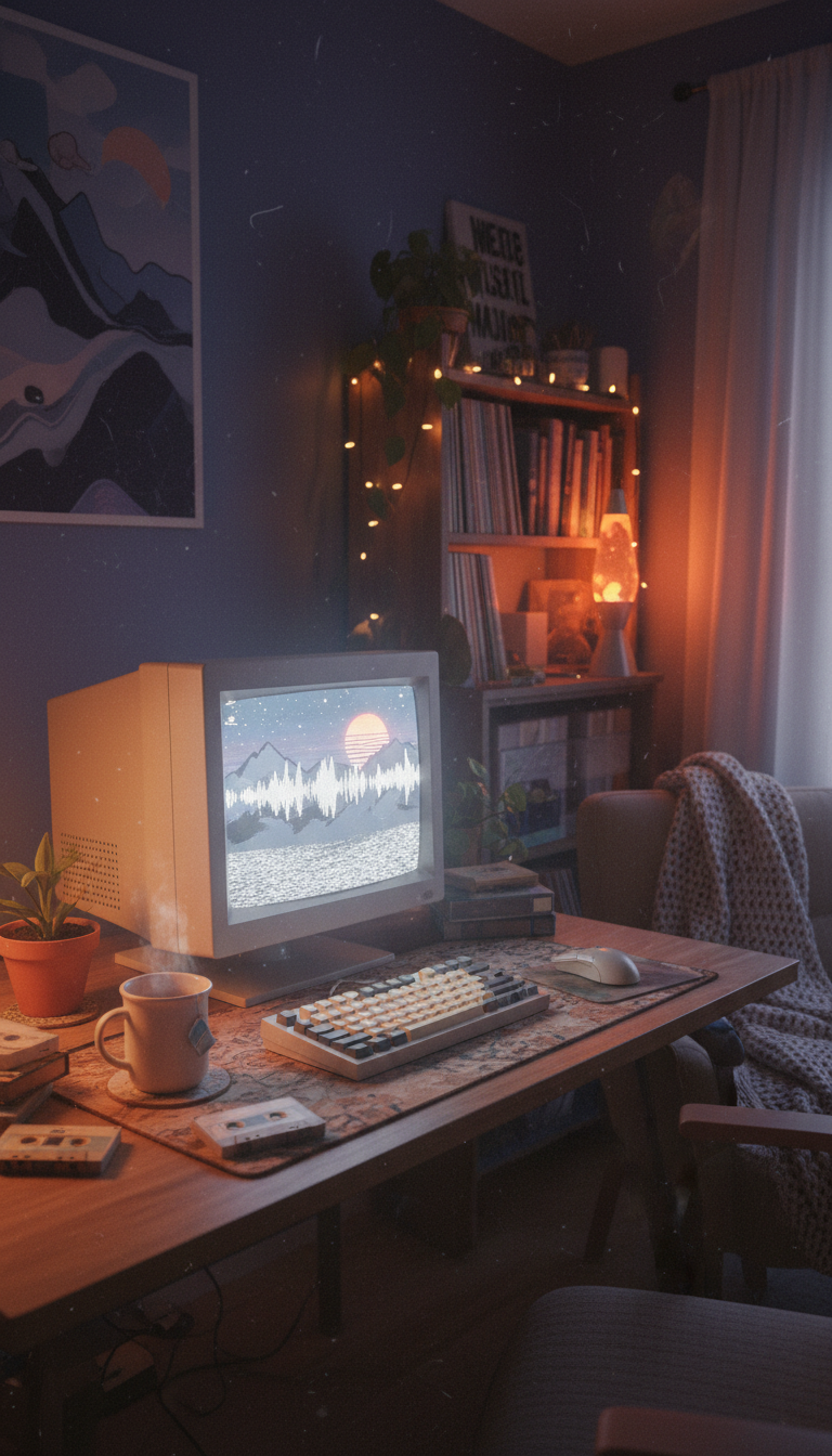 어둑한 방에 아늑한 책상, 정적 화면의 레트로 컴퓨터 모니터, 따뜻한 주변 조명이 있는 로파이 감성, 편안하고 차분한 컴퓨터 배경화면.