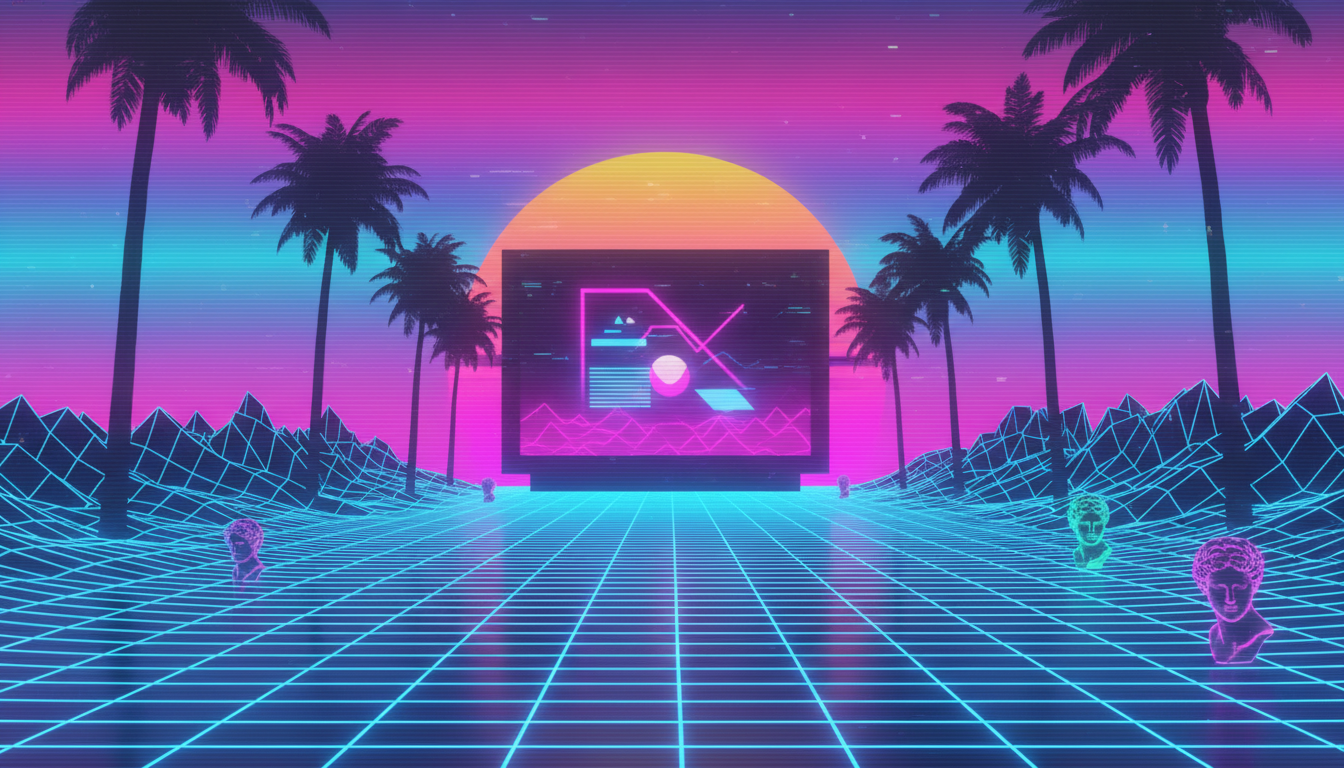 야자수 실루엣이 있는 80년대 레트로-퓨처풍 풍경, 그라데이션 일몰, 바닥의 그리드 패턴으로 구성된 베이퍼웨이브 미학의 신스웨이브 컴퓨터 배경화면.