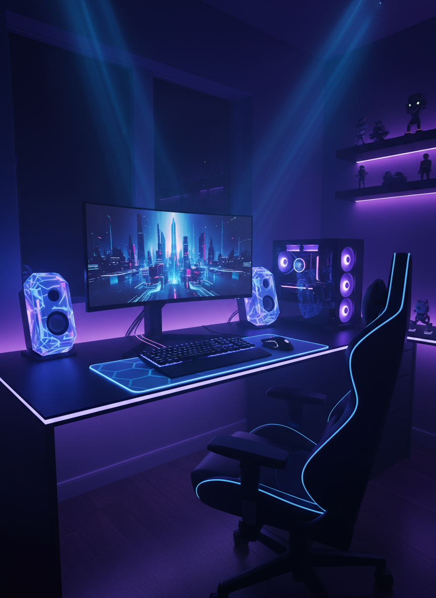 네온 블루와 퍼플 색상의 게임 설정이 빛나는 주변 장치와 은은한 볼류메트릭 조명으로 어둡고 세련된 현대적인 게이머 컴퓨터 배경화면.