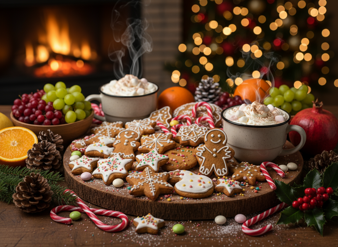 진저브레드 쿠키, 지팡이 사탕, 핫 초콜릿이 있는 맛있는 크리스마스 배경입니다.